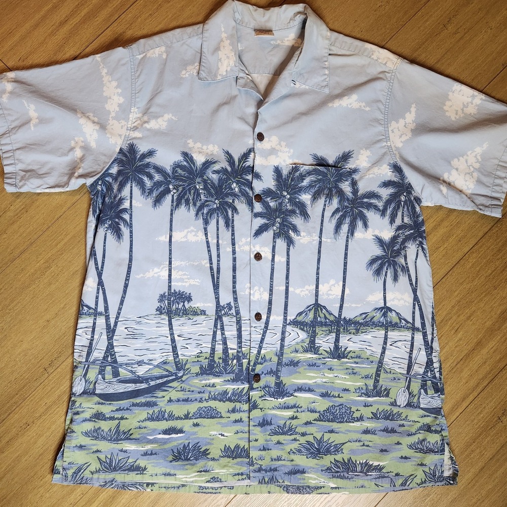 Vtg Hawaiian Shirt Go Barefoot  Mens 2XL Tropical Beach Palm Trees Canoe Clouds